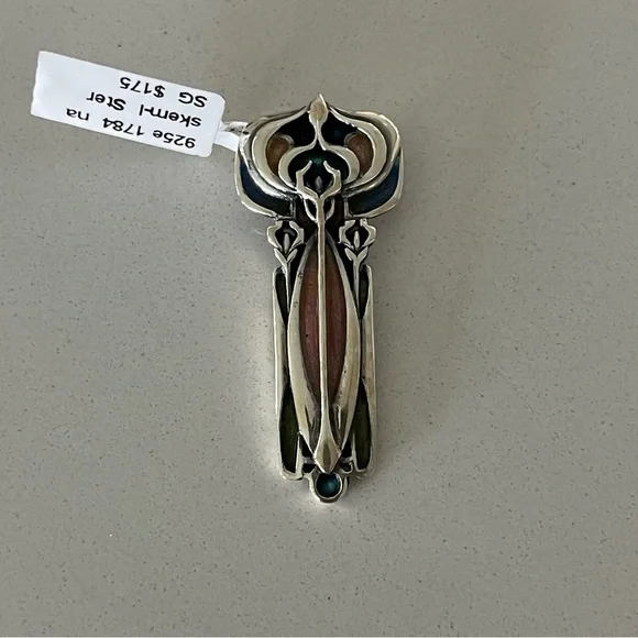 Unique pink & green enameled sterling silver 925 pendant - Picture 2 of 10